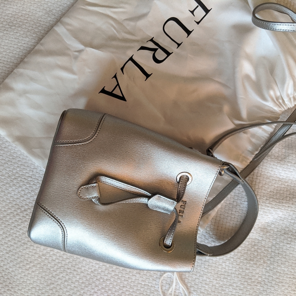 Furla Saffiano Metallic Leather Mini Bucket Bag